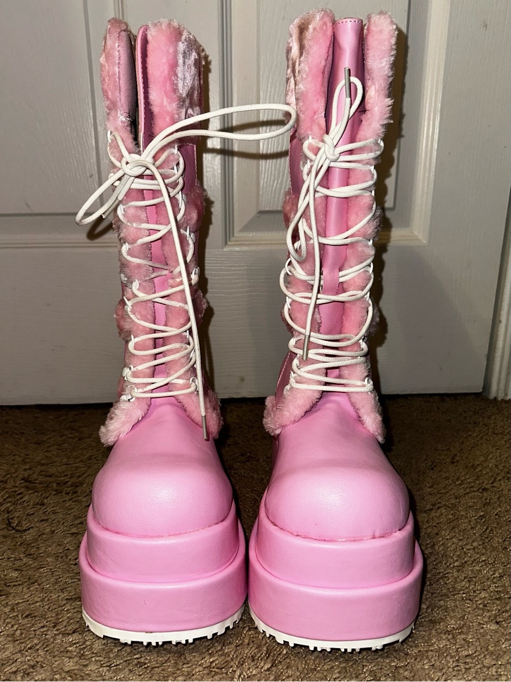 Demonia Bear 202 Baby Pink Faux Leather Platform Boots NEW 9 - Picture 3 of 13